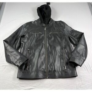 Guess Leather Jacket Mens Medium Black Full Zip Hooded Biker Casual